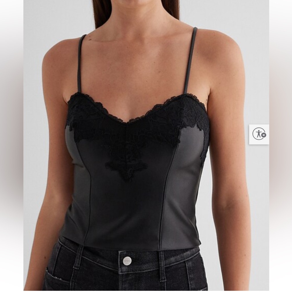 Express Camisole Small Black Faux Leather Lace-Trim Cropped Body Contour V-Neck